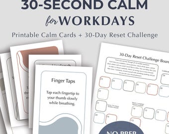 30-sekundowe karty uspokajające na dni robocze | Karty do druku, które pomogą Ci złagodzić stres i radzić sobie z nim, reset uważności, natychmiastowe pobranie