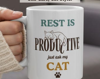 Zabawny kubek z napisem „Samoopieka” dla miłośnika kotów, prezent dla właściciela zwierzaka z napisem „Relaks” do biura lub domu