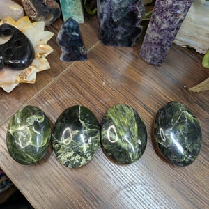 May include: Four polished, oval-shaped green serpentine stones with intricate dark veining and light green inclusions, arranged in a horizontal row. The stones have a smooth, reflective surface that catches the light.
