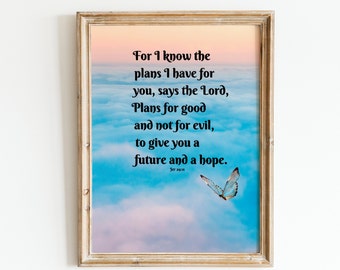 Impresiones de versículos bíblicos / Jeremías 29:11 Nubes de mariposas / Arte de pared cristiano / Arte de pared católico / Cartel de las Escrituras / Regalos /