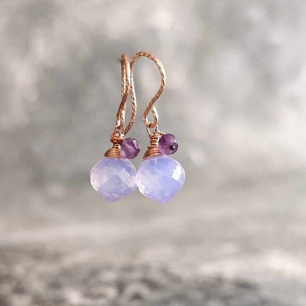 Lavendel Quartz Opalite en Amethyst Oorbellen, Rose Gold Oorbellen, Wire Wrap Oorbellen, Sierlijke Lavendel Oorbellen Cadeaus voor haar