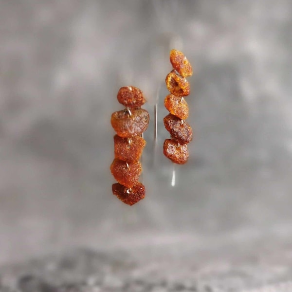 Raw Blatic Amber Sterling Silver Earrings Long Wire Wrapped Earrings Stick Earrings Birthstone Healing Jewelry Artisan Earrings