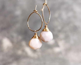 Pink Opal Hoop Earrings In Gold Fill Dainty Everyday Earrings Andean Pink Opal October Jewelry Gifts For Her