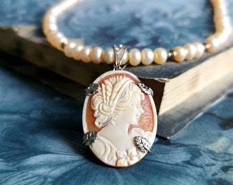 One Of Kind Carnelian Cameo and Pearls Necklace Sterling Silver And Rose Gold Necklace Genuine Hand Carved Cameo in Tore Del Greco