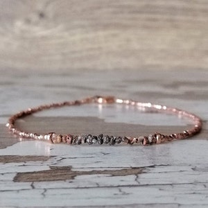 Raw Red Diamond And Rose Gold Velmeil Beads Bracelet, Minimalist Skinny Stackable Bracelet April Birthstone Gifts For Her