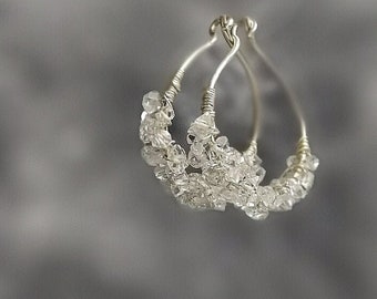 Herkimer Diamond Hoop Earrings Creole Wire Wrap Minimalist Dainty Wedding Jewelry Sterling Silver Earrings April Birthstone Gifts For Her