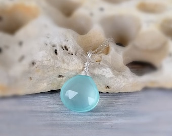 Aqua Blue Chalcedony Necklace Heart Drop Wire Wrap Chalcedony Dainty Necklace Sterling Silver Necklace Gifts For Her