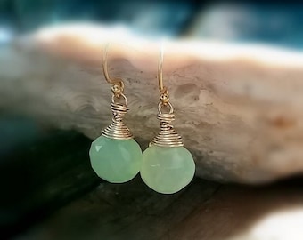 Green Chalcedony Earrings, Gold Filled, Wire Wrap Earrings, Dainty Earrings, Gifts For Her