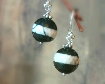 Banded Agate Earrings, Sterling Silver Earrings, Black And White Earrings, Agate Jewelry, Large Agate Drops, Gifts For Her