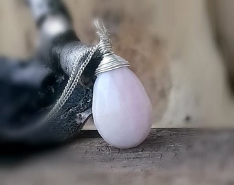 Pink Peruvian Opal Necklace Large Faceted Pear Chapped Opal Pendant Wire Wrap Pendant Sterling Silver Necklace October Jewelry Gifts For Her