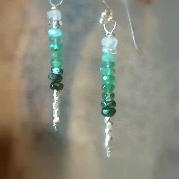 Emerald Earrings,Shaded Emerald And Karen Hill Silver Beads Earrings, Ombre Earrings, Long Earrings, May birthstone, Gifts For Her