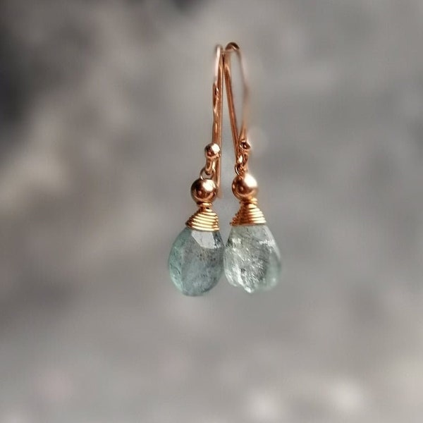 Moss Aquamarine Earrings, Sea Blue Moss Aquamarine Wire Wrap In Rose Gold, Dainty Earrings, Beryl Jewelry, March Birthstone, Gifts For Her