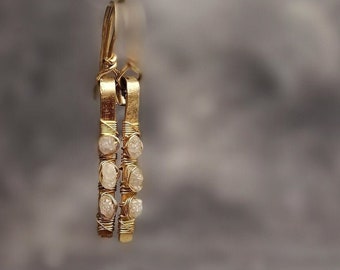 Raw White Diamond Stick Earrings, Gold Filled Wire Wrapped