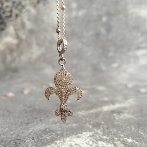 Pave Diamond Fleur De Lis Silver Necklace Satelite Chain Necklace April Birthstone Genuine Natural Uncut Diamond Jewelry Gifts For Her