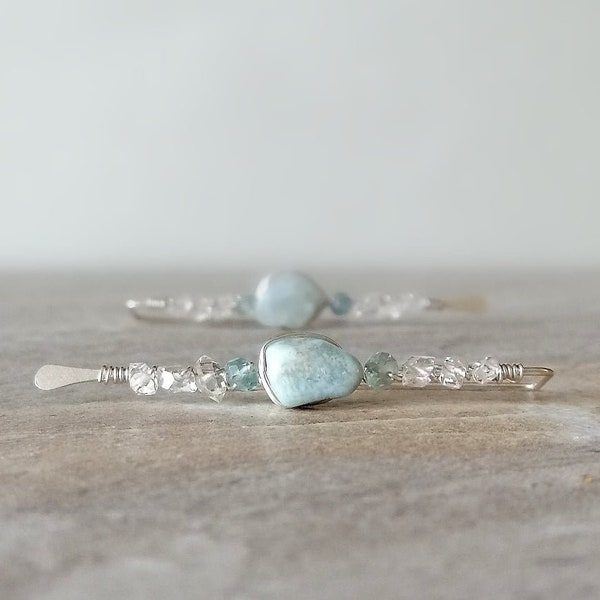 Larimar Herkimer Diamond And Aquamarine Earrings, Rustic Earrings, Boho, One Of Kind, Healing Gemstone, Chakra Jewelry, Gifts For Her,