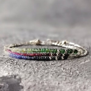 Ombre Ruby Emerald Blue Sapphire & Karen Hill Silver Beads Bracelet Minimalist Skinny Stackable Bracelet May July September Birthstone