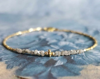 Raw Gray Diamond And Gold Velmeil Or Silver Beads Bracelet, Minimalist Rustic Skinny Stackable Bracelet April Birthstone Gifts For Her