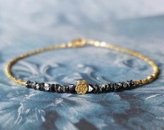 Raw Diamond Silver Or Gold Vermeil Beads Bracelet Black Uncut Precious Diamond Jewelry Rustic Bracelet Delicate Bracelet April Birthstone