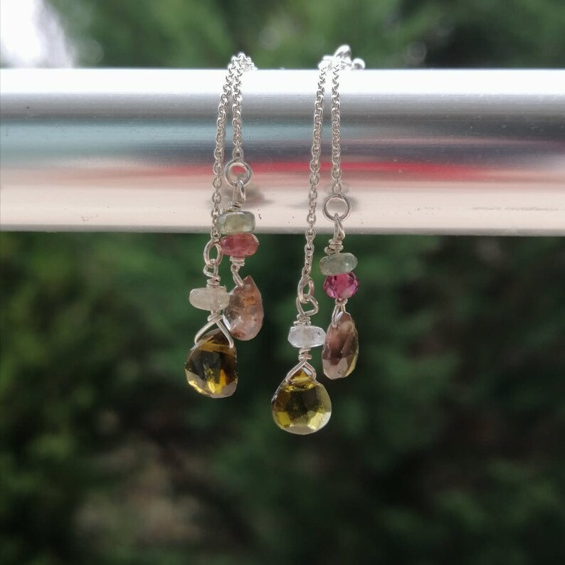 October Birthstone Dangle Earrings Watermelon Tourmaline Earrings Dainty Earrings Gifts For Her Silver Earrings Chain Earrings