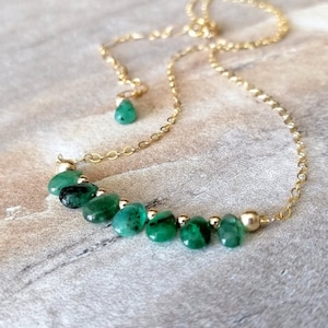 Genuine Zambian Emerald Necklace Gold Gold Necklace Emerald Drops Necklace Dainty Layering  Necklace May Birthstone