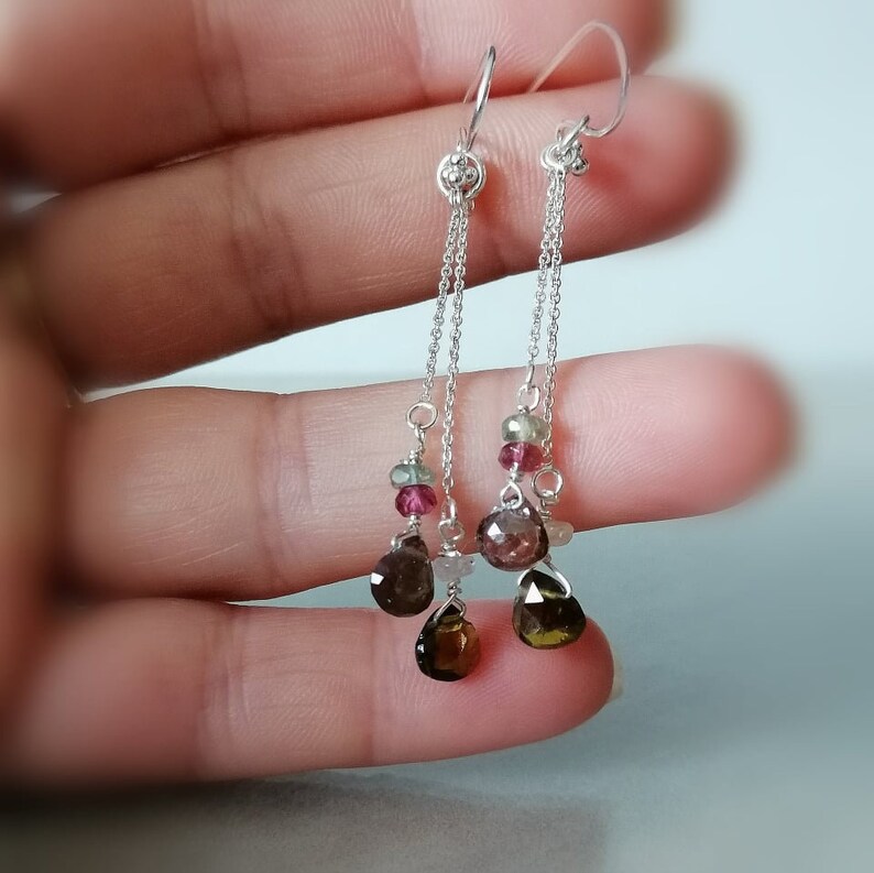 October Birthstone Dangle Earrings Watermelon Tourmaline Earrings Dainty Earrings Gifts For Her Silver Earrings Chain Earrings