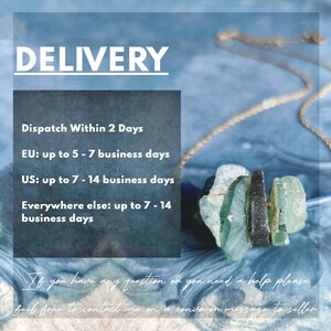 May include: A gold chain necklace with a pendant made of several pieces of sea glass in shades of green and blue. The necklace is displayed against a blue and white background. The text "DELIVERY" is visible at the top of the image. The text below the image reads "Dispatch Within 2 Days EU: up to 5-7 business days US: up to 7-14 business days Everywhere else: up to 7-14 business days If you have any question or you need a help please feel free to contact me on a convo on message to seller".