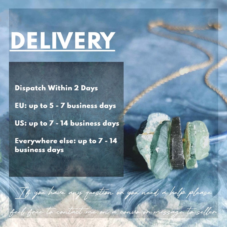 May include: A gold chain necklace with a pendant made of several pieces of sea glass in shades of green and blue. The necklace is displayed against a blue and white background. The text "DELIVERY" is visible at the top of the image. The text below the image reads "Dispatch Within 2 Days EU: up to 5-7 business days US: up to 7-14 business days Everywhere else: up to 7-14 business days If you have any question or you need a help please feel free to contact me on a convo on message to seller".