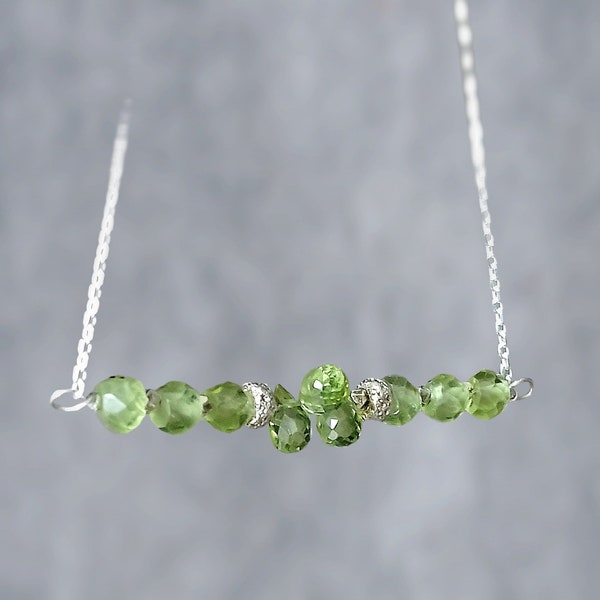 Peridot Necklace, Green Olivine Bar Necklace, Sterling Silver Necklace, Choker, Minimalist,One Of Kind August Birthstone,Unique Gift For Her