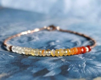 Pulsera de ópalo de fuego mexicano degradado, baño de oro rosa, piedra natal de octubre