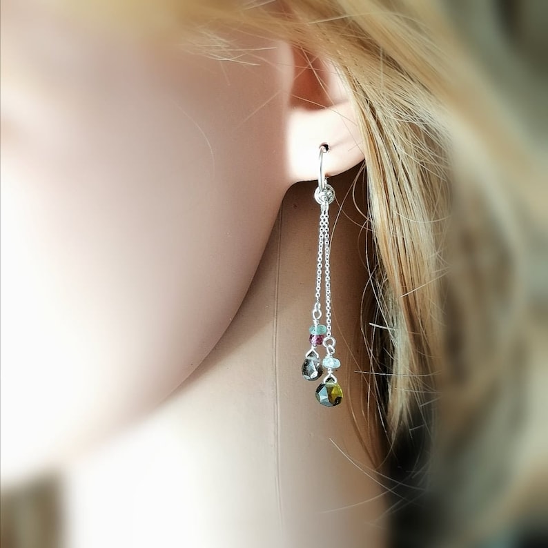 October Birthstone Dangle Earrings Watermelon Tourmaline Earrings Dainty Earrings Gifts For Her Silver Earrings Chain Earrings