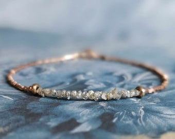 Raw Gray Diamond And Rose Gold Velmeil Beads Bracelet, Minimalist Skinny Stackable Bracelet April Birthstone Gifts For Her