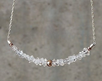 Herkimer Diamond Necklace, April Birthstone, Sterling Silver And Rose Gold, Delicate, Bar Necklace, Quartz Necklace, Gifts For Her