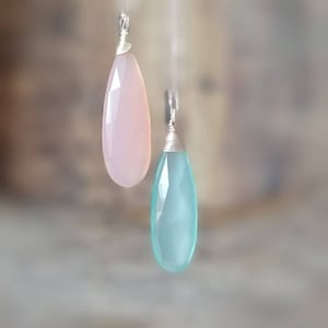 Aqua Blue Chalcedony Necklace Long Briolette Drop Wire Wrap Blue Chalcedony Gemstones Sterling Silver Necklace Gifts For Her