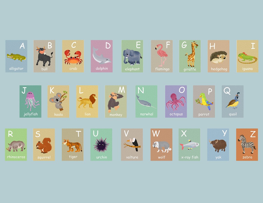 English Animal Alphabet Card Set, Nursery Wall Cards, Animal Alphabet ...