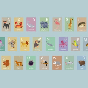 Conjunto de cartões do alfabeto animal inglês, cartões de parede do berçário, cartões flash do alfabeto animal, impressões de arte fina do alfabeto, alfabeto inglês, cartões ABC