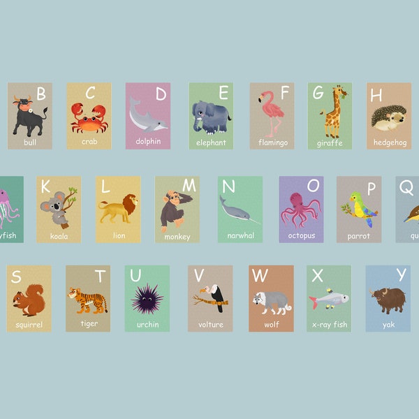 English Animal Alphabet Card Set, Nursery Wall Cards, Animal Alphabet Flash Cards, Alphabet Fine Art Prints, English Alphabet, ABC Cards