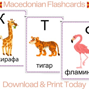 Macedonian Alphabet Flash Cards - PDF - Printable - Digital Download, Animal Alphabet, Makedonska Azbuka