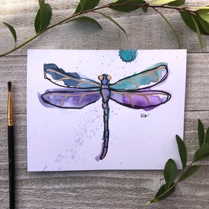 Hand painted watercolor splash dragonfly greeting card