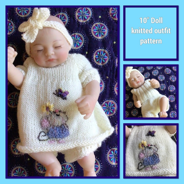 Cute Baby Doll Knitted Outfit patterns. 10-12" baby doll,wool embroidered mouse on dress,knitted dress,knickers,vest,headband knitted flat.