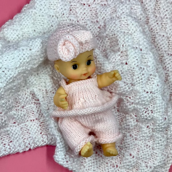 Doll knitting set pattern, 6”-8” baby doll, doll top,pants, hat and blanket. Instant downloads, small knitted rose on hat, knitted flat