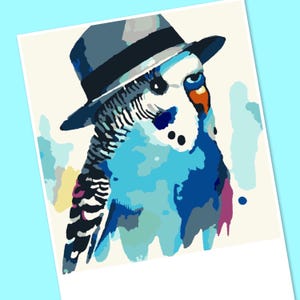 Periquito azul de chapéu Pintura por números, impressão em casa, tecido, colagem de papel, costura lenta, bordado, downloads instantâneos, DIYART.