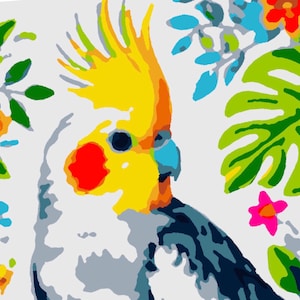 May include: A yellow and grey cockatiel with a red cheek patch is surrounded by green and blue tropical leaves and flowers.