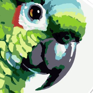 Groene papegaaiverf op nummer, papegaaidoe-het-zelfkunst, groene papegaaikunst, textielverf, papiercollage, langzaam naaien, borduren, digitaal