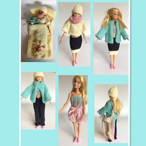May include: Six different outfits for a doll, including a yellow knitted sleeping bag, a yellow knitted sweater with a pink scarf, a blue knitted jacket, a blue knitted cardigan, a pink knitted top and a pink knitted skirt.