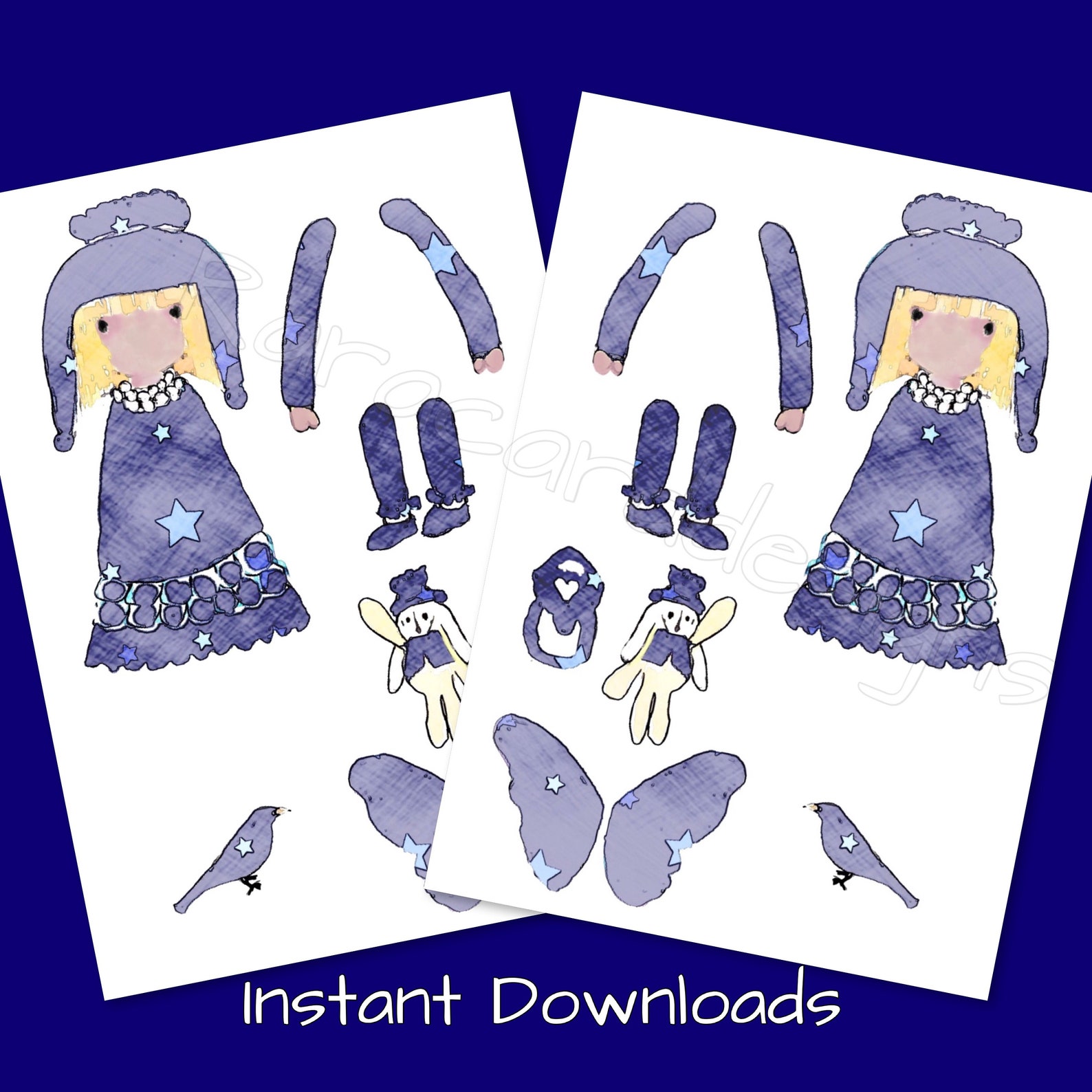 Printable Paper Doll Collage Sheet, Instant Downloads, Ornaments, Cards, Collage Kit, Art