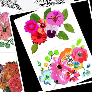 May include: Two arrangements of colorful flowers with pink, red, orange, yellow, and blue hues. The flowers are painted in a stylized, abstract style.