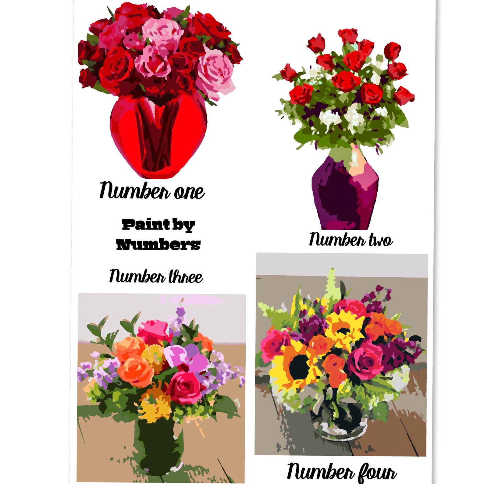 Paint by Numbers, A4 Size, Set of 4 Floral Artworks, Home Wall Decor