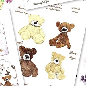 Printable 5 collage sheets, teddies, succulents,birds butterflies, flowers, tags, scrapbooking, junk journal, cardmaking, decoupage clipart,