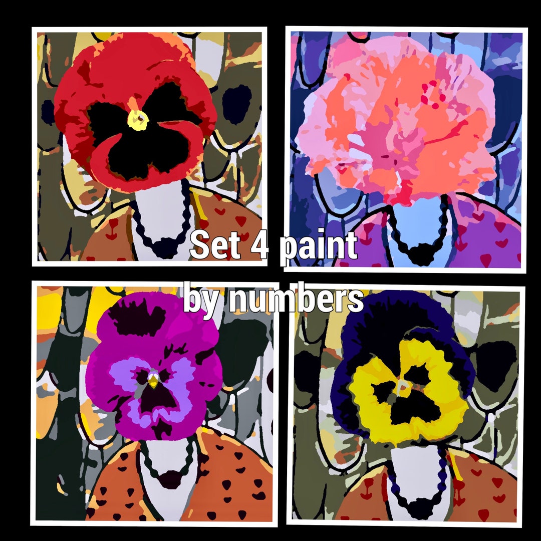Paint by Numbers, Pansies, A4 Size, Set of Four Floral Artworks, Home