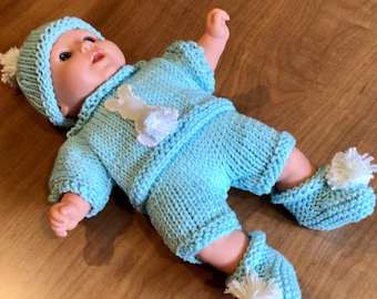 Dolls clothes knitting set, 12-14” baby doll knitting outfit, rabbit motif, doll hat, doll  jumper, doll knickers/shoes, knitted flat, cute.